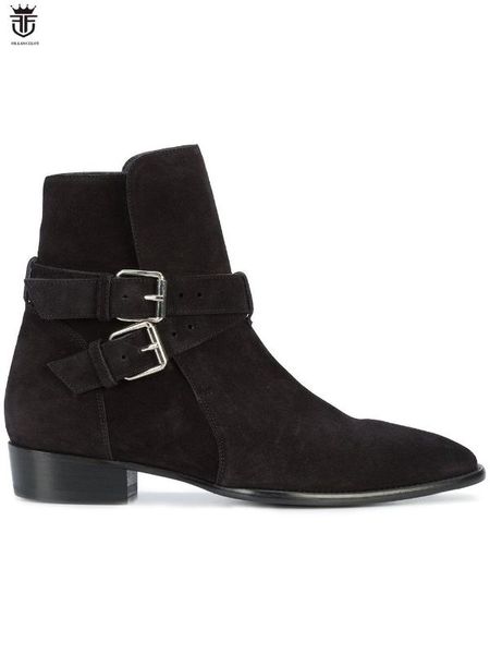 

boots fr.lancelot 2021 ankle high end suede leather boot british style men buckle short slip on casual men's, Black