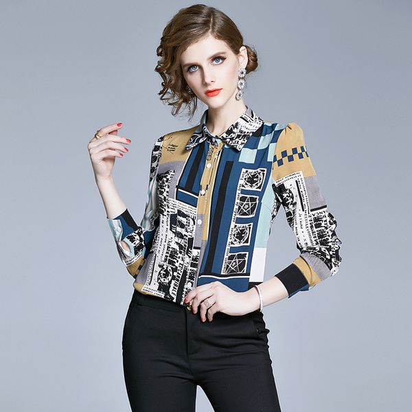 

s  l xl xxl new summer 2020 women shirt long sleeve blue white striped letter print slim blouse office lady