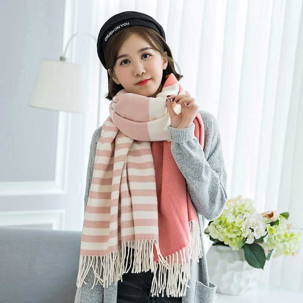 

scarf female winter korean style new wild long thick shawl dual-use stripes to keep warm spring autumn students big bib bufanda, Blue;gray