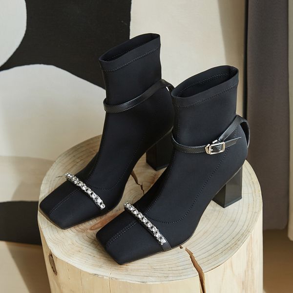 

fashion comfortable microfiber leather women's ankle boots elegant square toe thick heels pumps party shoes woman, Black