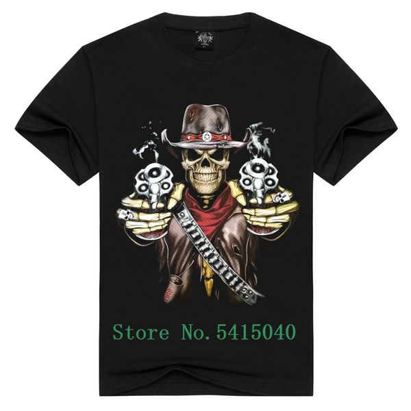 

лето сыпучие t-shirt мужчины 100% хлопок черепа пистолет смешные tshirt cowboy t shirt мужской vintage tshirts top тис черный футболки