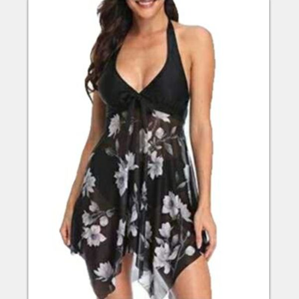 

2020 new floral print women swimwear plus size over size women mesh v neck style swimdress with colorful dots arrival clothing size s-5xl, White;black