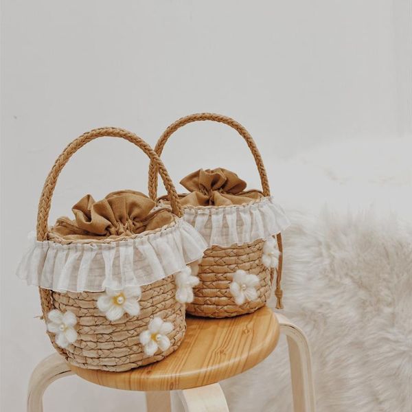 

new summer round rattan handmade bag bohemian leisure straw bag bucket knitting shoulder crossbody flower beach