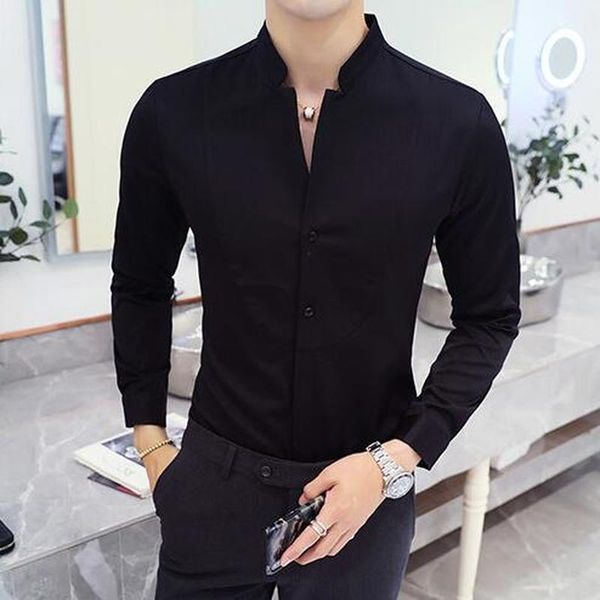 

2020 autumn men's stand collar casual shirt masculina boutique long-sleeved slim men's solid color business dress shirt size 5xl, White;black