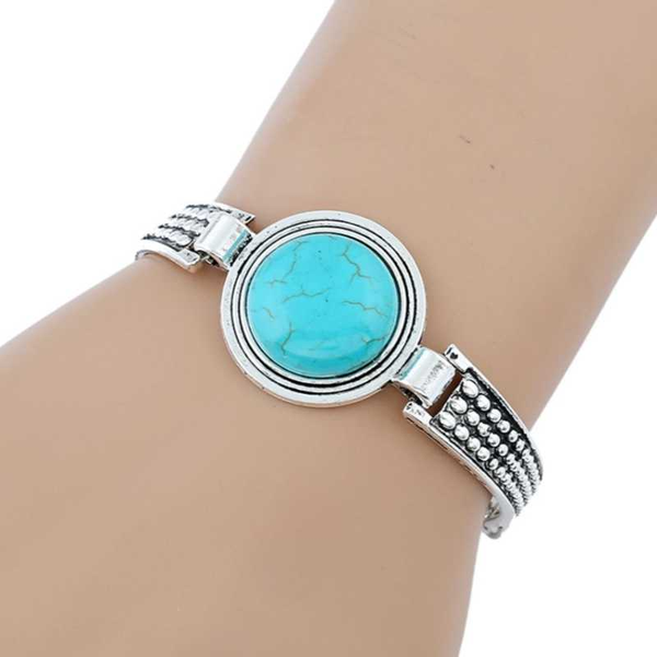 

simple style silver plated alloy round green turquoises stone link chain bracelet geometric jewelry, Black