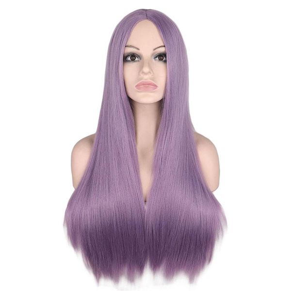 

long straight middle part wig for women black white pink orange purple gray hair heat resistant synthetic hair wigs
