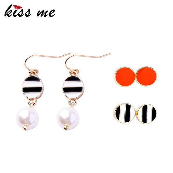 

stud kiss me 3 pairs /set imitation pearl round enamel earrings sweet & cute women fashion jewelry, Golden;silver