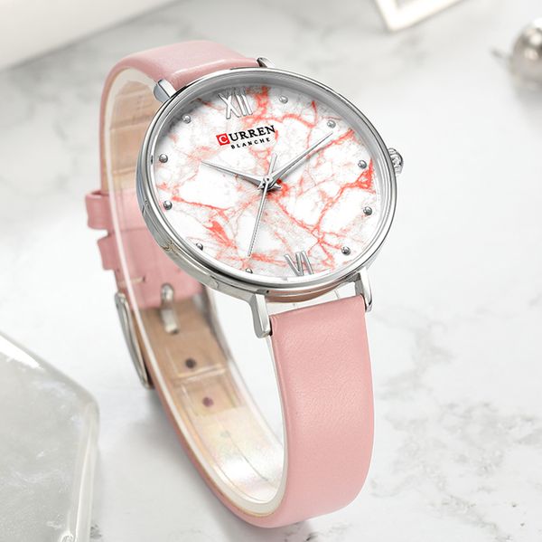 

curren fashion women wristwatch marble leather strap watches ladies analogue quartz female clock montre femme 9045, Slivery;brown