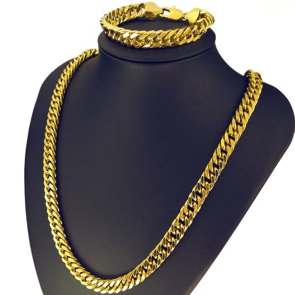 

solid men's gold filled cuban curb chain necklace bracelet and necklace, Silver
