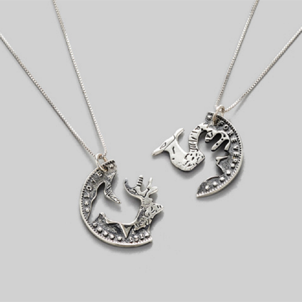 

trend elk 2 pcs/set valentine's day gift give friend gift hip hop punk men and women trendy pendant necklace, Silver