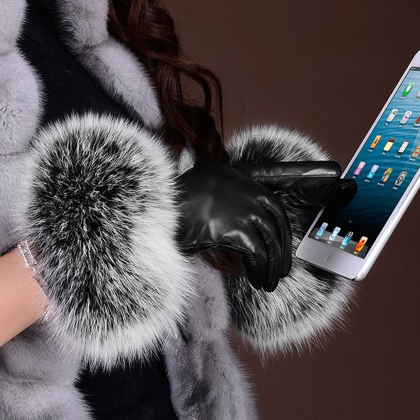 

five fingers gloves female fashion winter wrist genuine leather mittens big real fur with thick warm fleece inside outdoor, Blue;gray