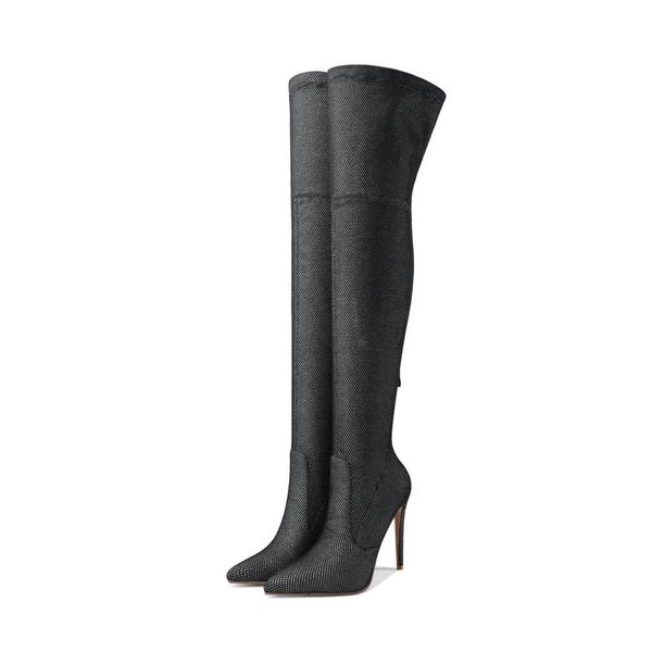 

тонкий каблук над коленом boots женщина остроконечные toe stretch ткани сапоги женщины sexy tight бедра женщина размер 42 43, Black