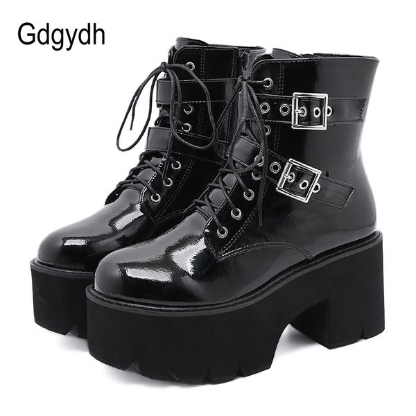 

gdgydh metal buckle bright leather black patent boots women waterproof platform shoes gothic autumn cross tied high heels