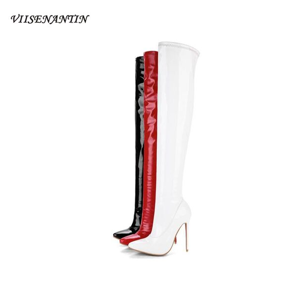 

boots viisenantin 2021 super-high stiletto heel nightclub knee pointed toe patent leather stage performance women, Black