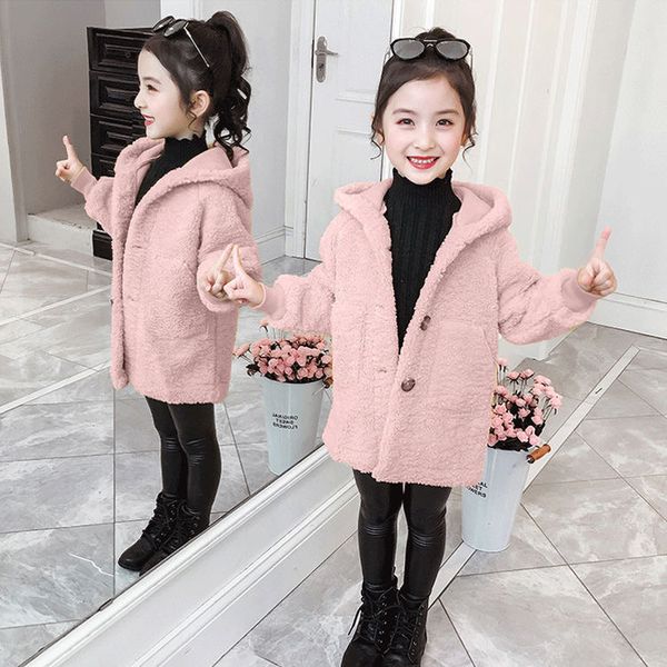 

girls winter coats 3-13 years old thicken children's autumn and winter loose lamb plush girl coats hooded warm kids clothes, Blue;gray