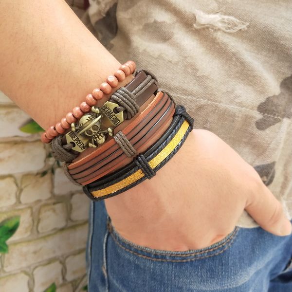 

29 style 4 pcs/set punk casual woven skull guitar charm wrap men leather bracelets women homme femme male jewelry, Golden;silver