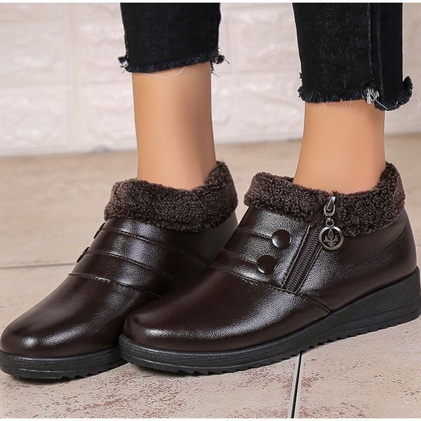 

boots women winter short plush warm snow woman zipper faux pu leather waterproof platform female shoes ladies flat mother, Black