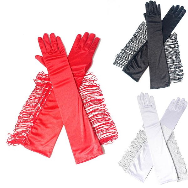 

fashion satin tassels long gloves women opera evening party costume gloves dance performance mittens black white red, Blue;gray