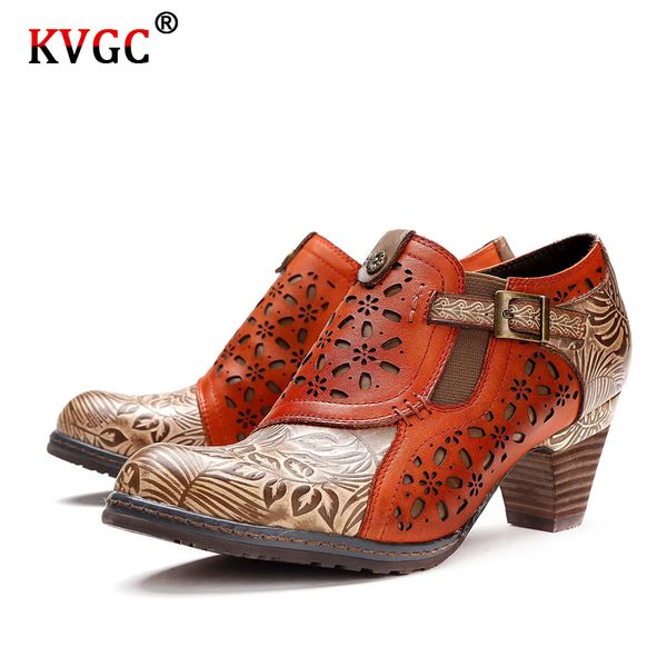 

kvgc the new retro boots embossed genuine leather splicing hollow zipper pumps ladies shoe 2020 women fashion folk-custom shoes, Black