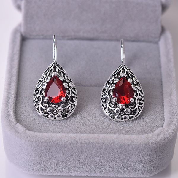 

solid s925 silver ruby diamond earring for women waterdrop pear earrings carved red z gemstone garnet earrings
