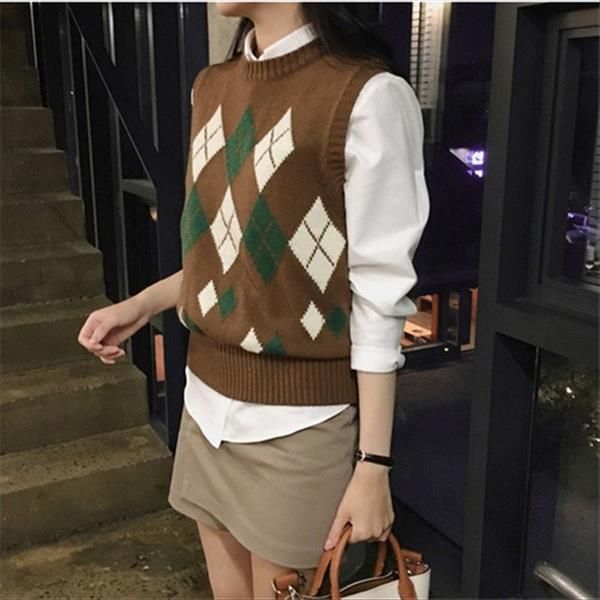 

sweater women autumn 2020 england style vintage geometric rhombic sleeveless vest knitted pullover tank gilet femme t219, White;black