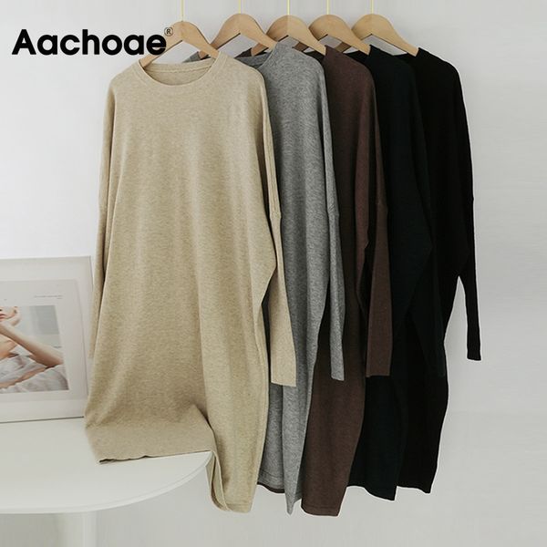 

aachoae loose o neck knitted sweater dress women solid batwing long sleeve soft dresses home style casual midi dress vestidos, Black;gray