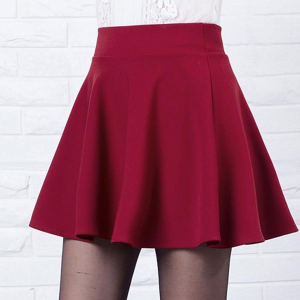 

womens stretch high waist plain skater flared pleated casual cotton mini short skirt 2020 fashion red pleated skirt, Black