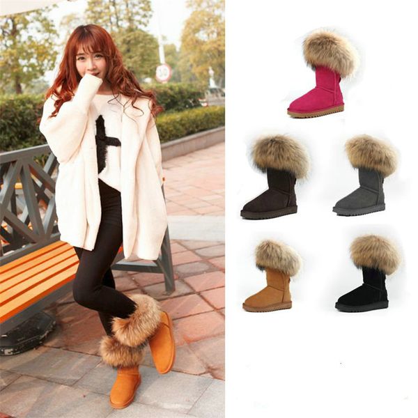 

boots 2021 100% cowhide leather + raccoon fur boot woman snow winter shoes, Black