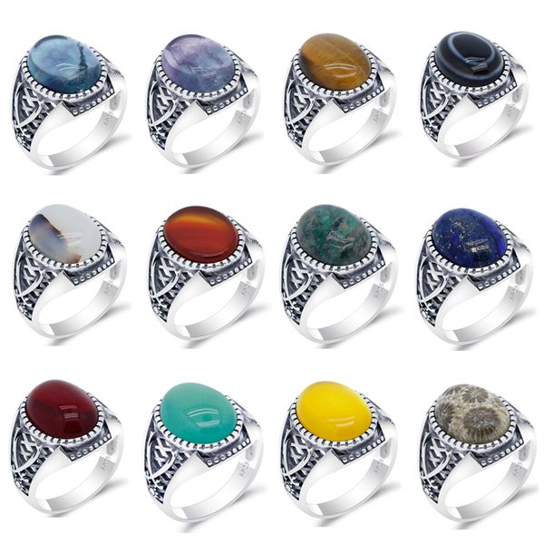 

cluster rings men's ring with lapis lazuli/fluorite/tiger eyes/agate/coral stone 925 silver multi-color double swords turkish jewelry, Golden;silver