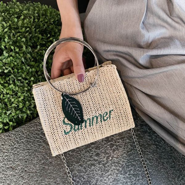 

women crossbody bag straw woven embroidery vintage chain messenger bag new