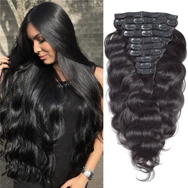 

long wavy clip in hair extensions natural black virgin brazilian human hair body wave clip ins extension 8pcs/120g, Black;brown