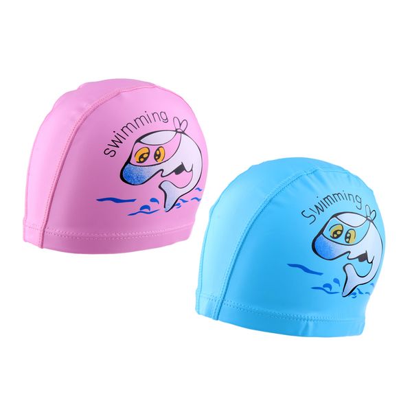 

2x дети performance ванна hat мультфильм дельфин swim cap, один размер stretch fit