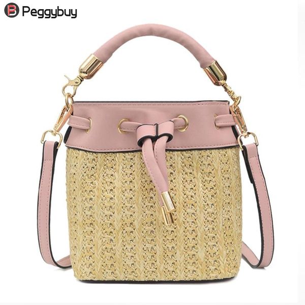 

summer women's bucket straw bag woven handbags ladies straw beach bag female pu leather drawstring crossbody