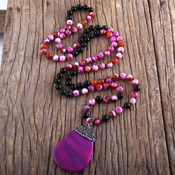 

pendant necklaces rh fashion boho jewelry 108 pink & black beads knotted stones with semi precious bohemia necklace, Silver