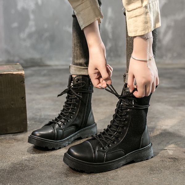

boots women boots 2020 autumn new solid color platform retro leisure breathable comfortable mid women high quality, Black