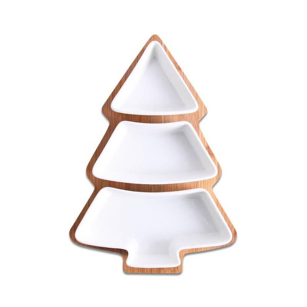 

christmas tree 3 porcelain dishes and 1 bamboo serving tray set for snack dessert fruit candy party supply restaurant decoration tableware