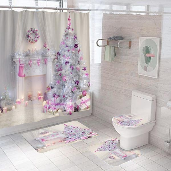 

merry christmas bathroom set white fireplace shower curtain and rug sets anti-slip mat toilet lid cover carpet bath curtains