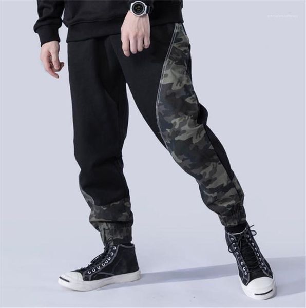 

casual males clothing camouflage panelled mens designer pants fashion loose drawstring pockets panelled mens pants, Black