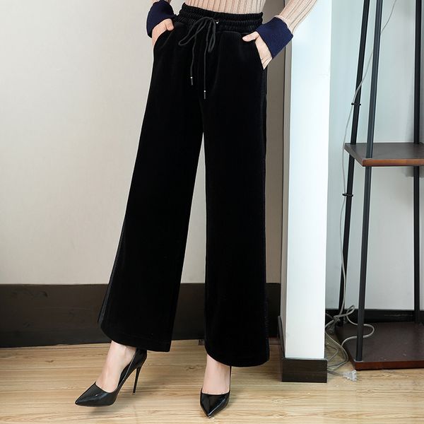 

autumn winter women wide leg pants long trousers 2020 all match fashionfull length high waist women pants drawstring sweatpants, Black;white