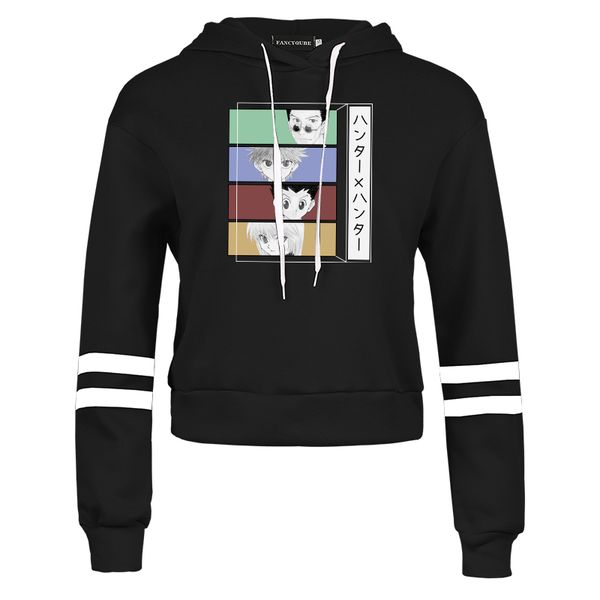 

anime hunter x hunter navel women crop hoodie harajuku long sleeve pullovers cropped sweatshirt short 0916, Black