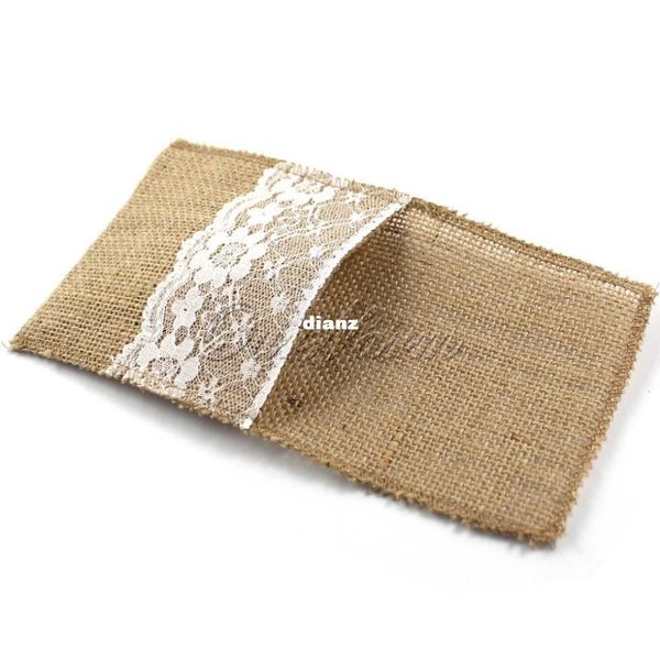

fashion vintage 4 x8 hessian burlap lace wedding tableware pouch cutlery holder decorations favor