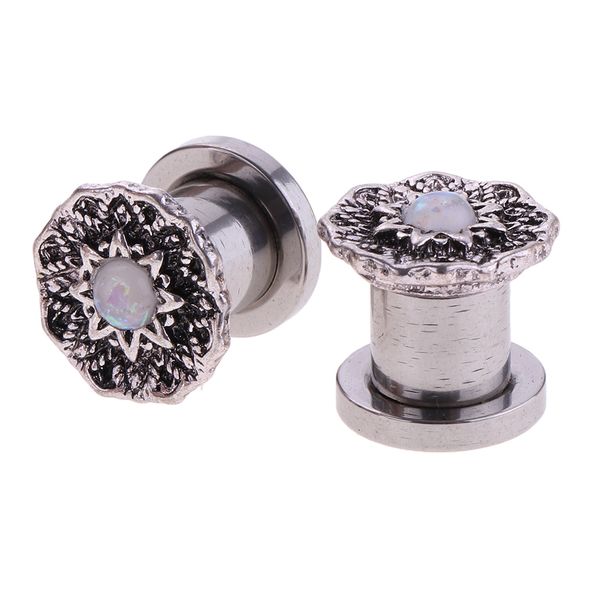 

2pcs stainless steel flower gauge faux opal ear plug tunnels expanders, Slivery;golden