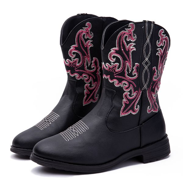

boots embroidered western women retro pu leather autumn winter female short cowboy ankle for shoes 35-43, Black