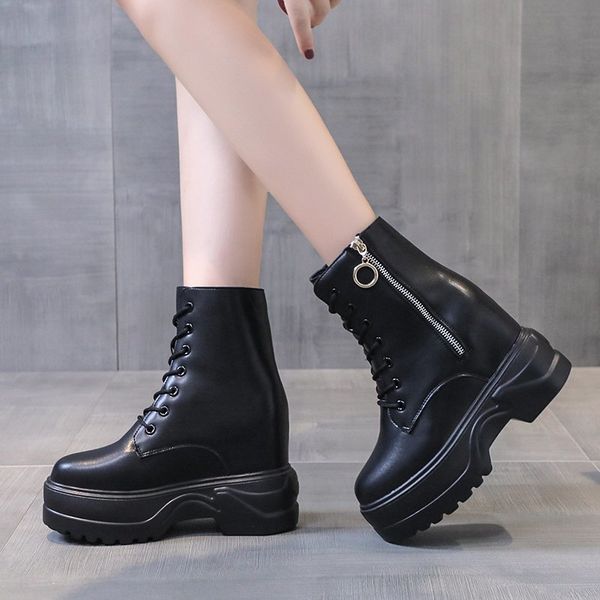 

chunky platform ankle boots for women thick sole height increasing shoes woman autumn winter waterproof pu leather botas, Black