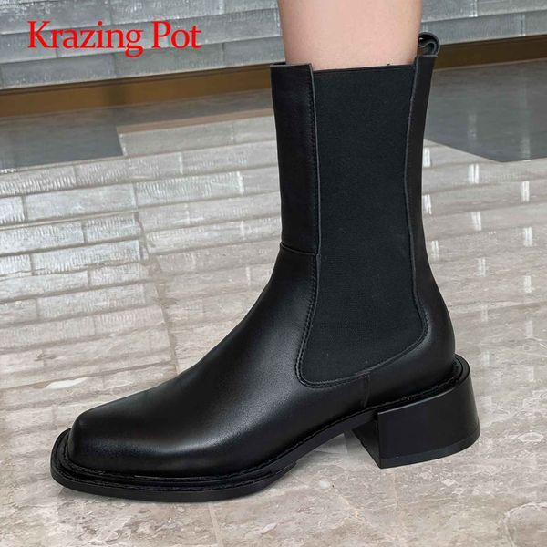 

boots krazing pot riding genuine leather streetwear square toe med heel slip on catwalk all-match mid-calf l21, Black