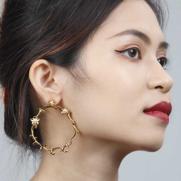 

925 sterling silver elegant simulated pearl hoop earrings for women girl statement earring big circle round loop jewelry brincos, Golden;silver