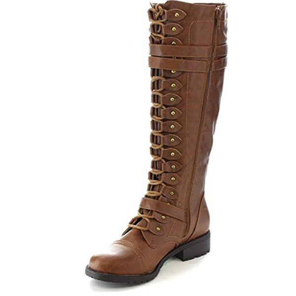 

boots fashion women lace up riding chunky low heel knee high buckle side zipper winter shoes plus size 43, Black