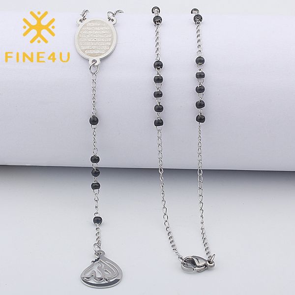 

pendant necklaces fine4u n415 stainless steel muslim arabic printed necklace black color beads rosary jewelry, Silver