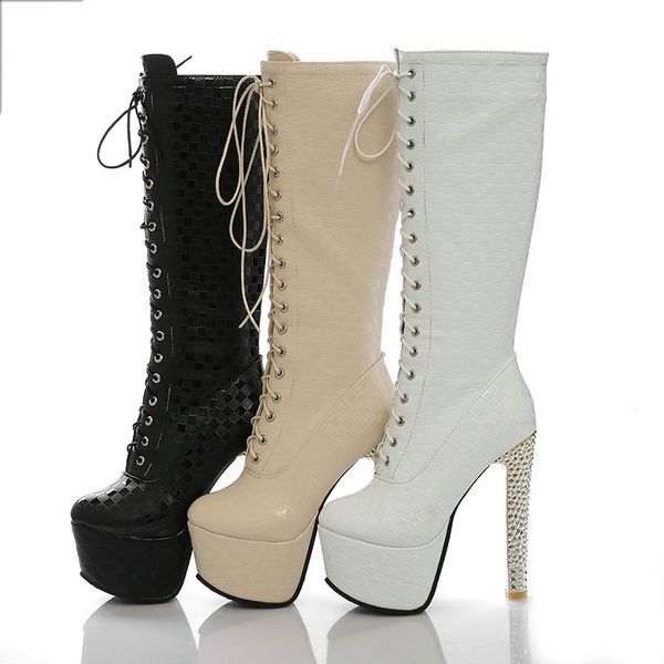 

boots pu leather women calf platform square heel ladies zipper cross tied autumn winter shoes, Black