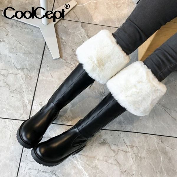 

coolcept real leather women over knee boots warm fur winter shoes woman plush fashion platform zip long boot footwear size 34-40, Black